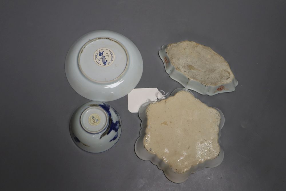 Chinese famille rose teapot stand and a similar spoon, both Yongzheng period and a Nanking cargo tea bowl and saucer, largest 14cm